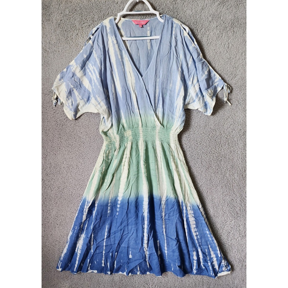 Simply Southern Tie Dye Ombre Dress Womens Large Blue Green Smocked Waist Rayon